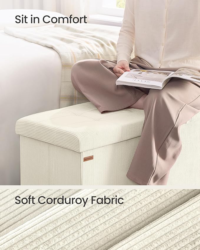 SONGMICS MAZIE Collection - Storage Ottoman Bench, Foldable Foot Rest, 15 x 43 x 15 Inches, End of Bed Bench, Storage Chest, Load 660 lb, Living Room, Bedroom, Entryway, Cream White ULSF604W01-Ruum Studio Home