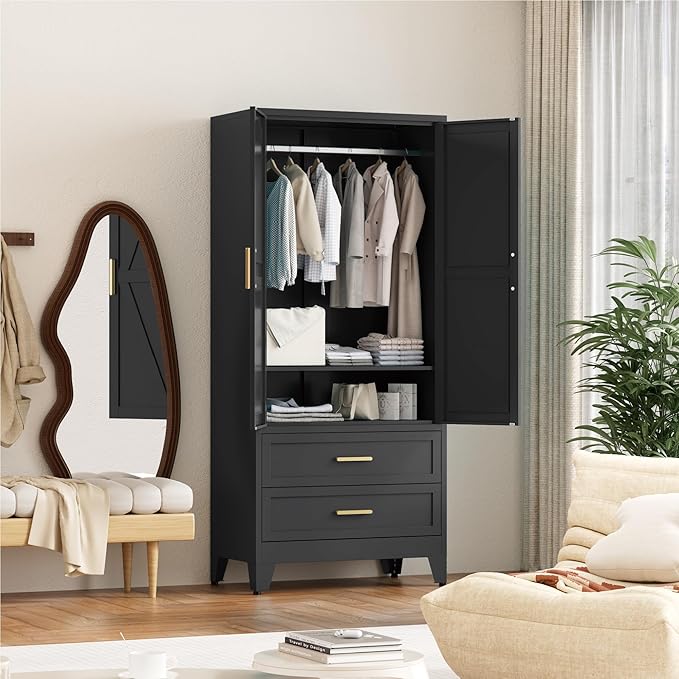 71'' Farmhouse Metal Wardrobe Cabinet with Hanging Rod, 2 Barn Door Wardrobe Closet with Adjustable Shelves,2 Drawer,for Dining Room,Bedroom,Living Room, Cloak Room,Office (Black)-Ruum Studio Home