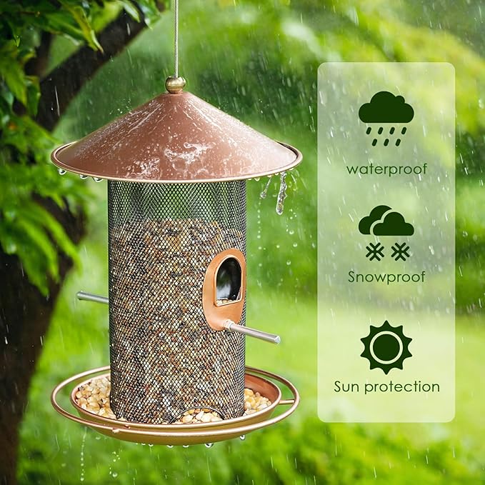 Bird Feeder for Outdoor, Metal Wild Bird Feeder Hanging Outside, 7.5" Copper Roof and 360 Degree Feeding Tray with 2 Extra Feeding Ports, 3 Lbs Bird Seeds Capacity-Ruum Studio Home