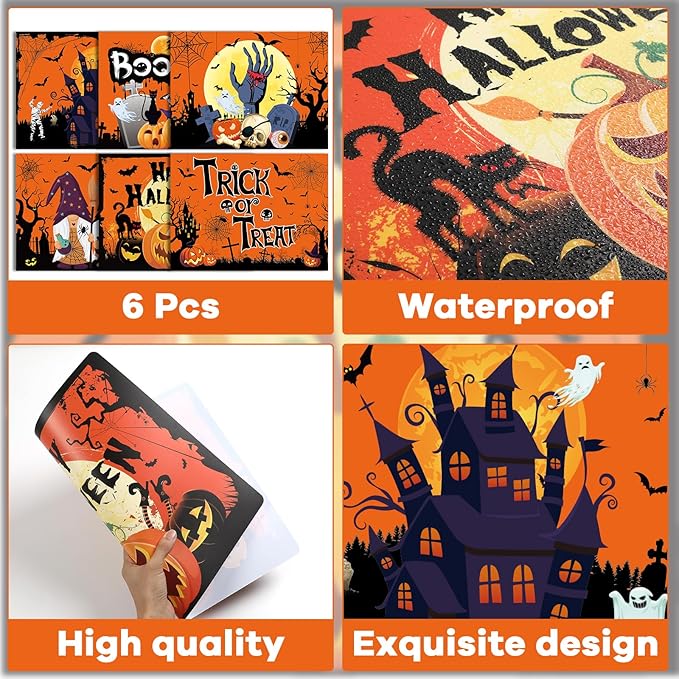 Plastic Placemats Set of 6 Halloween Table Mats - Trick or Treat Kitchen Decor - Wipe Clean, Washable, Recyclable - Orange Place Mats for Indoor/Outdoor - Heat Resistant - Kitchen/Dining Table-Ruum Studio Home