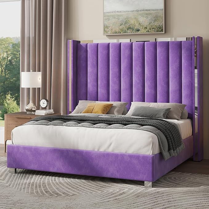 Jocisland Queen Bed Frame with 58" Tall Headboard, Velvet Upholstered Platform Bed with Channel Tufted Wingback Headboard and Plating Trim, No Box Spring Needed, Purple-Ruum Studio Home