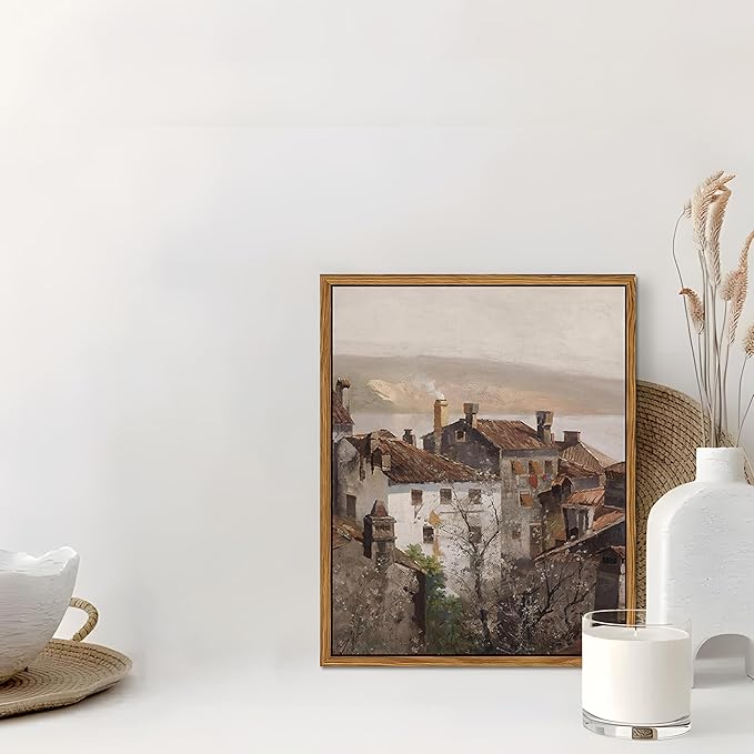 Floating Framed Vintage Canvas Wall Art, European Country Towns Wall Decor Oil Paintings Artwork, Rustic Farmhouse Posters Prints Pictures for Living Room Hallway Bedroom 8x10 inch-Ruum Studio Home