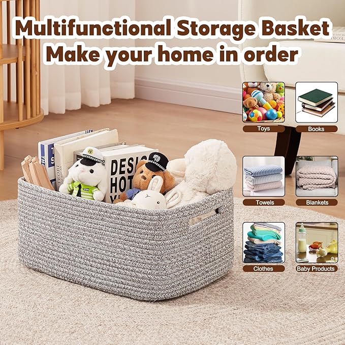 OIAHOMY Storage Basket for Shelves, Closet Cube Storage Bins Baskets for Clothes Blanket Towels, Baby Nursery, Toy Baskets Box, Woven Rope Basket, 15.75*11.81*7.09 IN, 2 Packs Grey-Ruum Studio Home