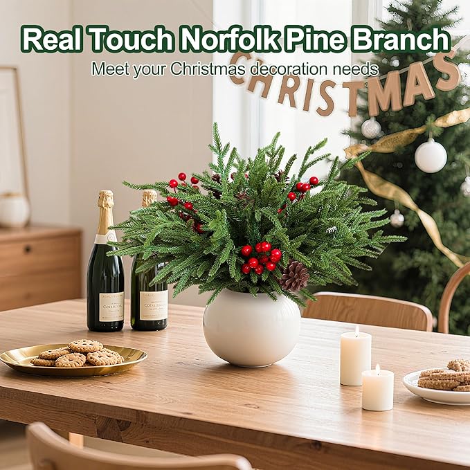 24 Pcs Christmas Norfolk Pine Stems, Realistic DIY Artificial Pine Branches for Christmas Decorations-Ruum Studio Home