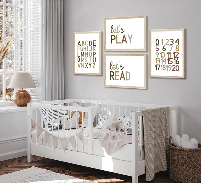 4 Pcs Boho Playroom Canvas Wall Art Nursery Toddler Educational Let's Read Let's Play Painting Pictures Wall Decor Posters Print Artwork for Girl Boy Childs Room Classroom Home Decoration Unframed-Ruum Studio Home