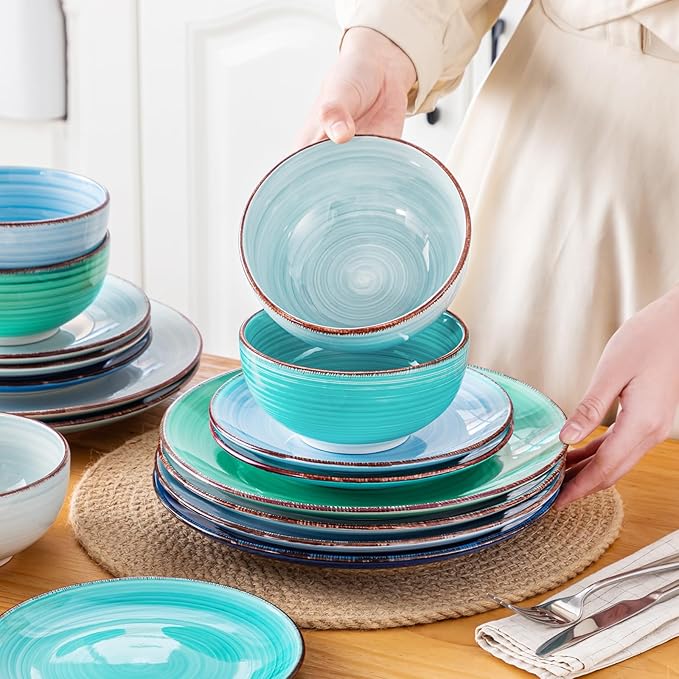 vancasso Bonita Dinnerware Set Blue Stoneware 18 Pieces Service for 4, Handpainted Spirals Pattern Stoneware Plates and Bowls Set-Ruum Studio Home