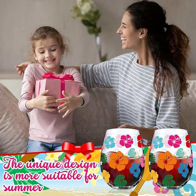 Sliner 2 Pack 17oz Summer Hawaiian Stemless Wine Glasses Aloha Stemless Wine Glass Luau Colorful Flowers Leaves Tumbler Cups for Hawaiian Tiki Party Supplies Birthday Gift-Ruum Studio Home