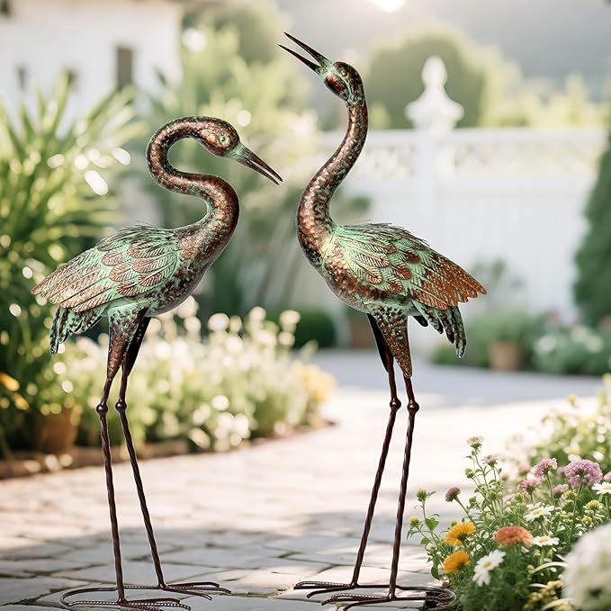 Shorayn Garden Crane Statues, Blue Heron Sculptures for Outdoor, Cranes Decor Metal Bird, Patina Garden Art Lawn Ornaments for Yard Patio Porch Outside Decorations-Ruum Studio Home
