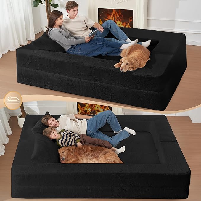 Folding Bean Bag Chair for Adults,3-in-1 Bean Bag Couch Faux Fur Floor Sofa Large Beanbag Convertible Bean Bag Sofa Bed with Pillow in Bedroom,Living Room,Apartment(Queen,Black)-Ruum Studio Home