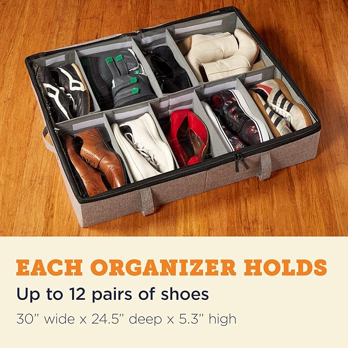 storageLAB Slim Under Bed Storage Containers, Closet Organizers with Sturdy Handles for Clothes, Comforters, and Accessories, Use Under or at the End of the Bed - 2 Pack, Adjustable Dividers, Grey-Ruum Studio Home