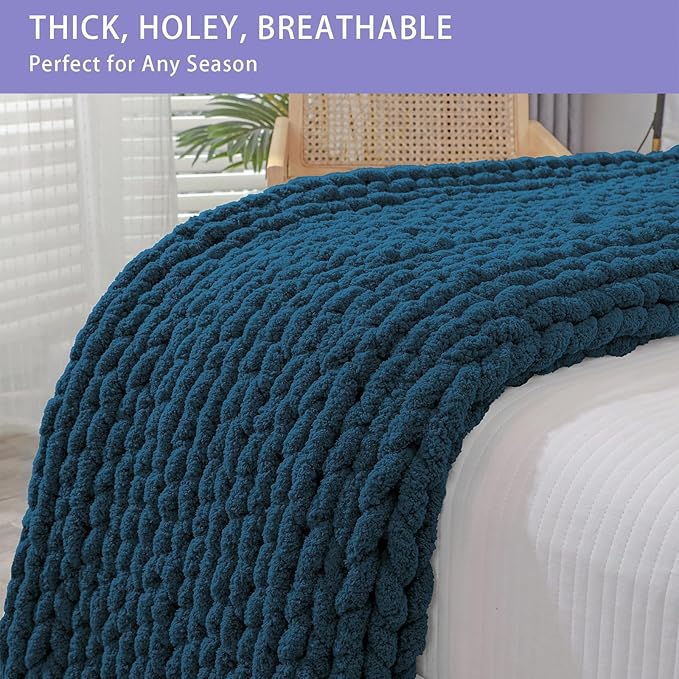 Bigacogo Chunky Knit Throw Blanket for Couch, 51x63 inches, 100% Hand Knitted with Thick Jumbo Chenille Yarn, Cozy Soft Large Rope Knot Cable Crochet Blankets for Sofa Bed Living Room, Deep Sea Blue-Ruum Studio Home