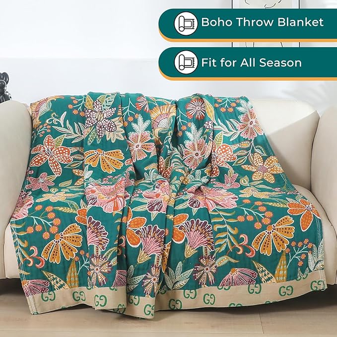 Boho Throw Blankets Reversible Luxurious Cotton Bed Throws with Vintage Bohemian Design & Yellow/Green Lightwight Floral Decor Blanket, Perfect as Bed Sofa Quilt 80" x 90"-Ruum Studio Home