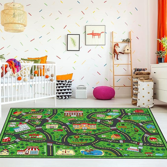 Kids Carpet Playmat Rug 8 x 10 ft Player Car Rug, City Life Traffic Road Map Mat Educational Game Area Mat for Toddler Children Playroom Classroom Bedroom(Green)-Ruum Studio Home