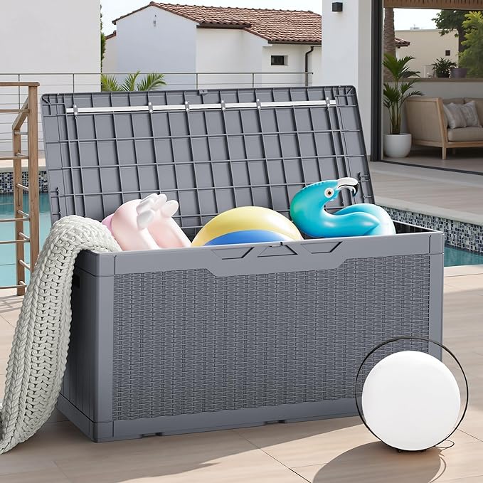 JUMMICO 100 Gallon Resin Deck Box with Cushion, Waterproof Outdoor Storage Box with Lockable Lid for Garden Tools, Patio Cushions (Gray)-Ruum Studio Home