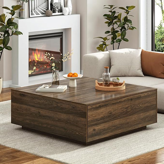 43” Square Coffee Table with Storage, Modern Large Square Center Table with 2 Drawers, Wood Coffee Table for Living Room, Walnut-Ruum Studio Home