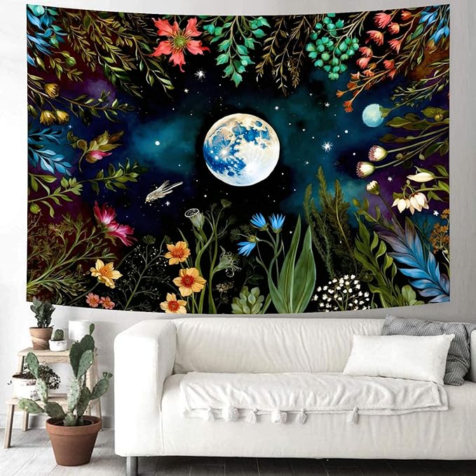 Delur Moonlit Garden Tapestry Boho Moon Floral Plant Tapestry Wall Hanging Colorful Flower Botanical Nature Night Landscape Headboard for Bedroom Living Room Home Decor (59.1" x 78.7")-Ruum Studio Home
