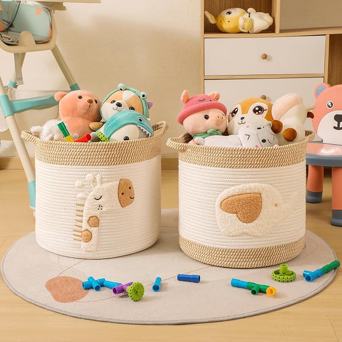 Large Blanket Baskets for Living Room Decor, Toy Storage Baskets Woven Cotton Rope Storage Basket for Kids, Dog Toys Organizer Clothes Hamper with Embroidery Decor for NurseryLaundry (Large, Elephant)-Ruum Studio Home
