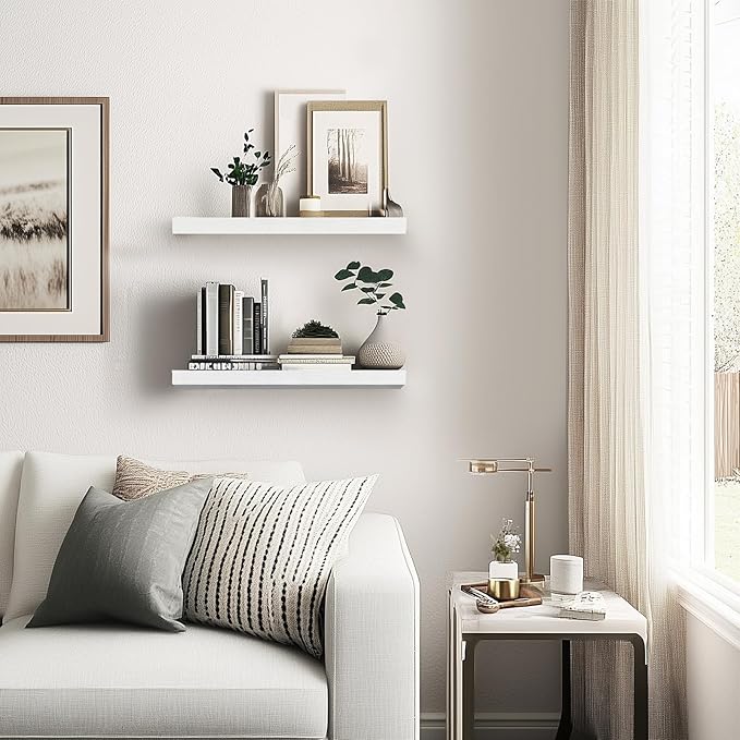 Floating Wall Shelves - 16"x6.8"x1.2" Sturdy Rustic White Solid Wood Shelves for Storage and Décor, Easy Installation for Living Room, Bedroom, and Kitchen - 2 Pack-Ruum Studio Home
