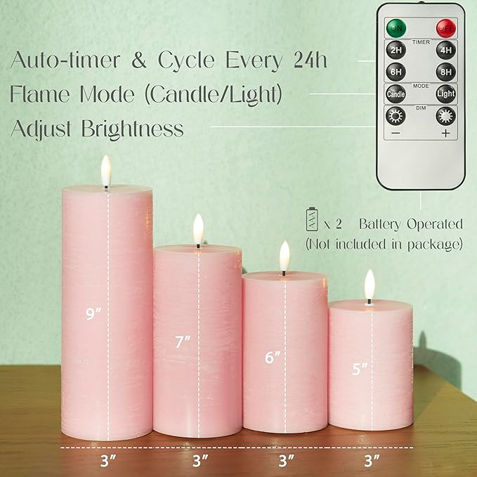 LUSHABOR Flameless Candles, 4 Pack Battery Operated Candles with Remote, Real Wax LED Fake Candles with Timer Flickering for Christmas Wedding Home Party D3 H 5" 6" 7" 9" Pink-Ruum Studio Home