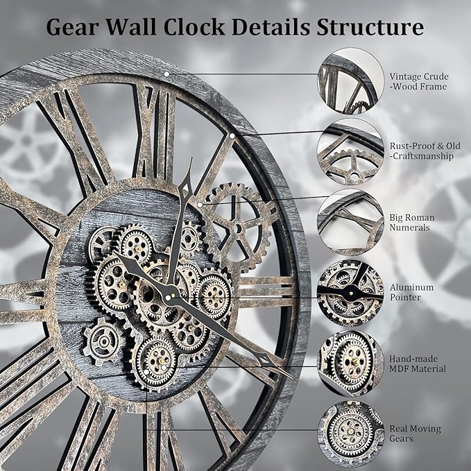 HOIBAI Large Wall Clock, Wall Clocks for Living Room Decor 36 Inch Farmhouse Vintage Rustic Kitchen Wall Decor Vintage Roman Oversized Wall Clock for Home Bedroom House, Moving Gears Clock-Ruum Studio Home