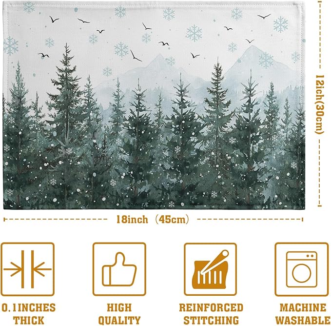 Winter Pine Tree Snowflake Placemats Set of 4 Christmas Snow Green Forest Place Mat 12x18 Inch Seasonal Xmas Holiday Rustic Nature Washable Fabric Table Mats for Farmhouse Kitchen Dining Decoration-Ruum Studio Home