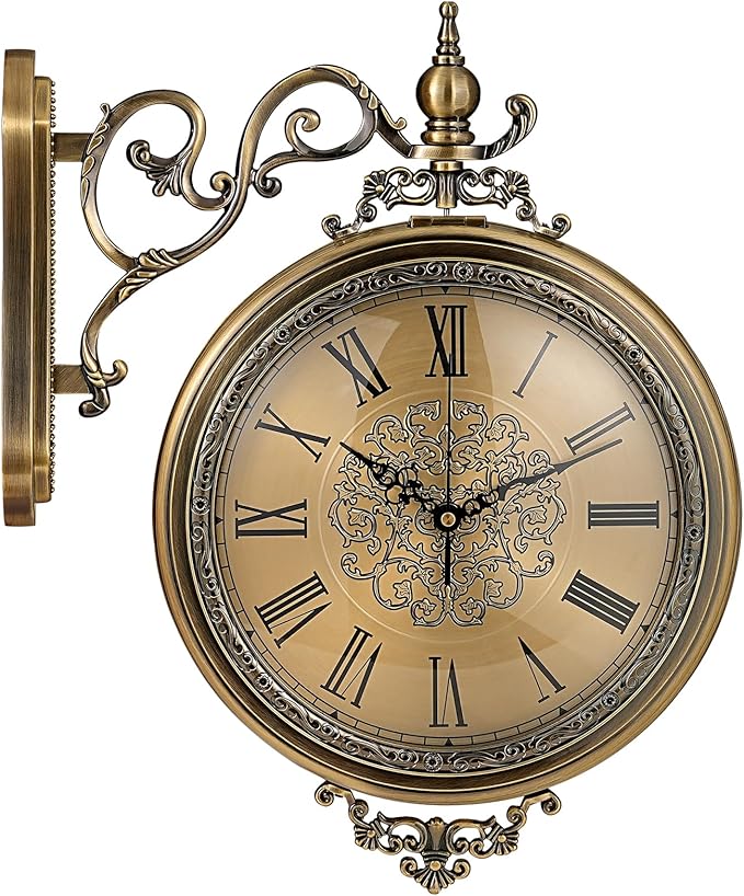Large Vintage Double Sided Wall Clock with Glass & Metal, Roman and Arabic Numerals, Silent Non-Ticking Battery Operated Antique Clock for Living Room, Office, Hallway Decor (15x18.5 Inch)-Ruum Studio Home