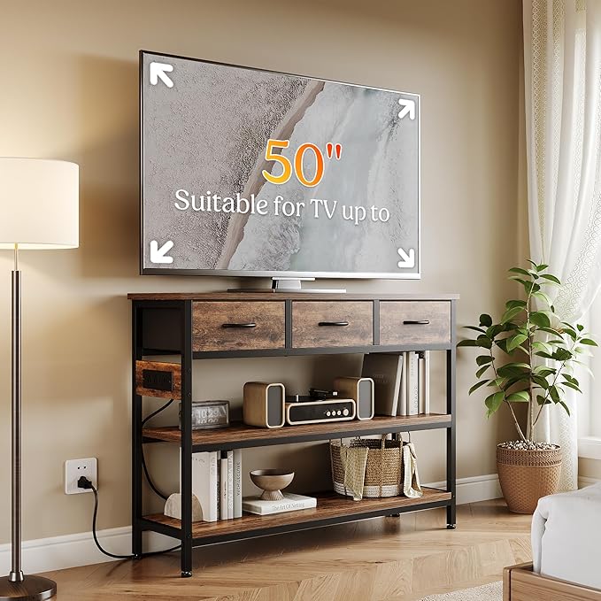 Lulive Entryway Table with Power Outlets, Console Table with 3 Fabric Drawers, Sofa Table for Living Room, Hallway, Couch, Foyer, Height Adjustable (Rustic Brown, 43")-Ruum Studio Home