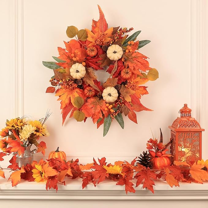 Fall Wreaths for Front Door, DECSPAS 21" Fall Wreath with Maple Leaves Pumpkin Berries, Autumn Decorations for Home, Artificial Harvest Door Wreath Outside, Window, Wall, Fireplace, Thanksgiving Decor-Ruum Studio Home