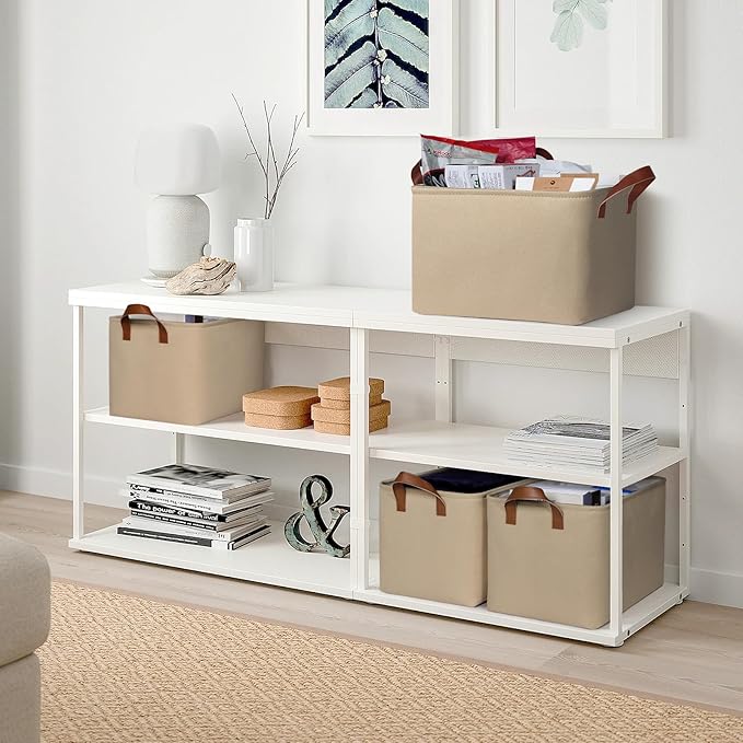 KEEGH Storage Baskets for Organizing, Fabric Storage Bins for Shelves with Leather Handle, Shelf Baskets for Closet Organization, 15" L x 11" W x 10" H, Brown, 4 Pack-Ruum Studio Home