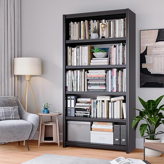 Bookshelf, 5 Shelf Bookcases, Tall Bookcase for Heavy Books, CDs, Movies, Garage Kit, Modern Display Shelf for Library Home Office Bderoom Living Room, Metal Bookshelves Industrial Black-Ruum Studio Home