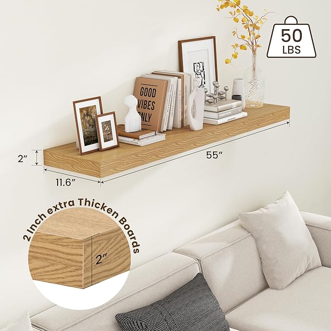 Deep Floating Shelves for Wall - 55 Inch Wide x 12 Inch Deep Wall Shelves Set of 1 - Rustic Oak Color Wood Shelves for Living Room, Bathroom, Laundry Room, Bedroom, Kitchen, Home Office-Ruum Studio Home
