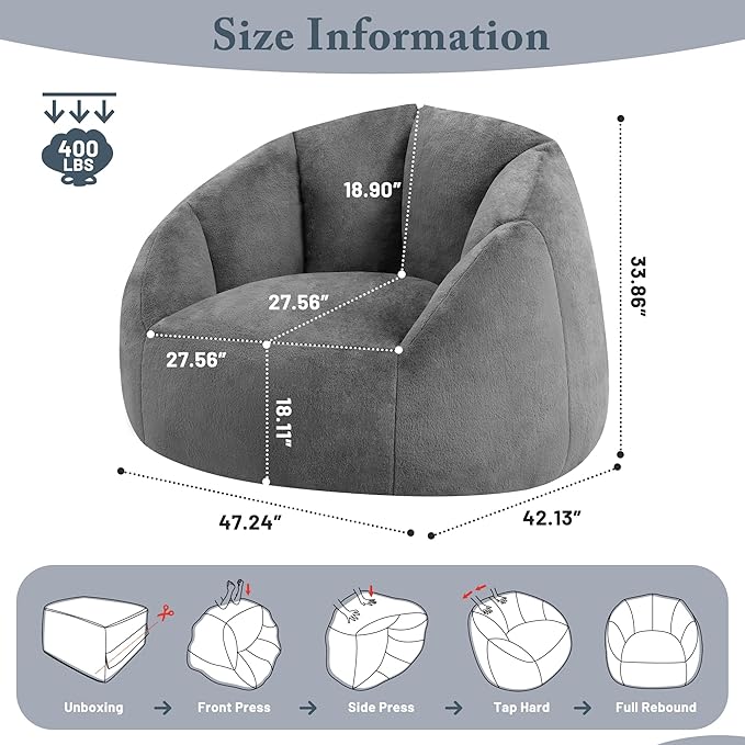Giant Bean Bag Chair for Adults - Comfy Plush Round Shell Soft Accent Chair, Oversized Cozy Lounge Floor Sofa Reading Chair, Mini Couch for Living Room, Bedroom & Game Rooms, Gray-Ruum Studio Home