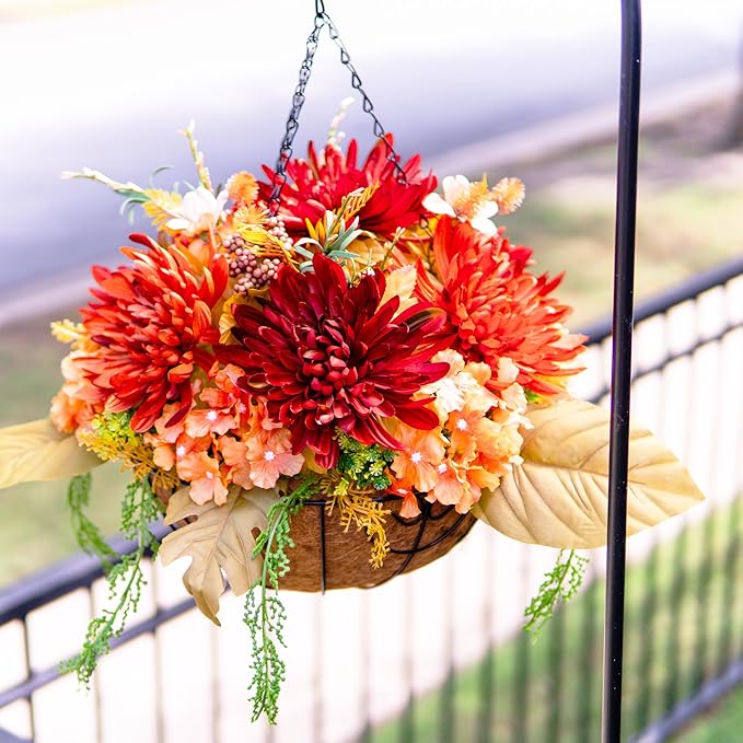 Artificial Fake Hanging Mums Flowers Plants Baskets for Outdoor Outside Decoration, Faux Silk Orange Flower Chrysanthemum UV Resistant Realistic for Porch Patio Balcony Yard Decor-Ruum Studio Home