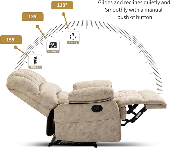 Luxlen Large Manual Recliner Chair,Soft Fabric Push Back Recliner with Overstuffed Armrest and Backrest, Living Room Single Sofa Recliners,Beige-Ruum Studio Home