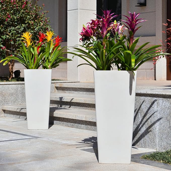 GreenShip 27" Tall Planters, Set of 2 – Black Outdoor Planter for Front Porch & Tall Plants, Weather-Resistant, with Drainage Hole & Rubber Plug (No Plants Included) (White-2pcs)-Ruum Studio Home