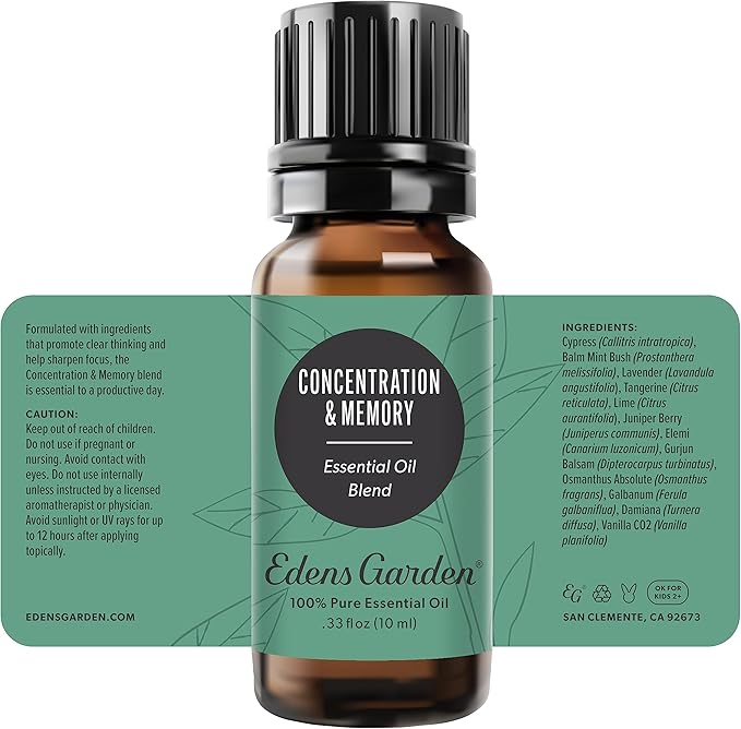 Edens Garden Concentration & Memory Essential Oil Blend- 100% Pure Premium Grade, Undiluted, Natural, Therapeutic, Aromatherapy, The Best for Diffusing, Kid Safe, Humidifiers, Skin 10 ml (.33 fl oz)-Ruum Studio Home
