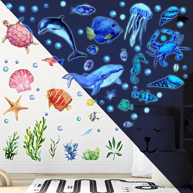 52 Pcs Ocean Fish Wall Decals Glow in The Dark Under The Sea Wall Decals Sea Animals Stickers Removable Waterproof Peel and Stick for Kids Bathroom Watercolor Ocean Decor(Cute Style)-Ruum Studio Home