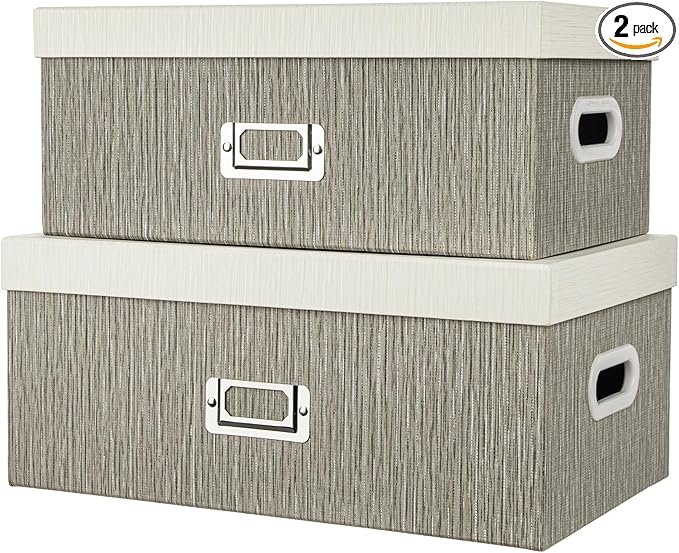 Briful Set of 2 Decorative Storage Boxes with Lids – Gray & White Nesting Organizer Bins, 14'' + 13'' Set Rectangular Fabric Covered Cardboard Boxes for Office, Closet, or Home Decor-Ruum Studio Home