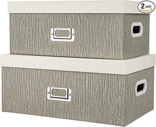 Briful Set of 2 Decorative Storage Boxes with Lids – Gray & White Nesting Organizer Bins, 14'' + 13'' Set Rectangular Fabric Covered Cardboard Boxes for Office, Closet, or Home Decor-Ruum Studio Home