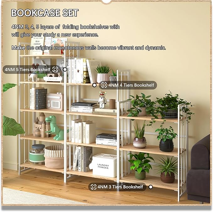 4NM No Assembly 4 Tiers Folding Bookshelf, 47.2" H Foldable Storage Shelves Vintage Bookcase Standing Racks Study Organizer Home Office - Natural White-Ruum Studio Home