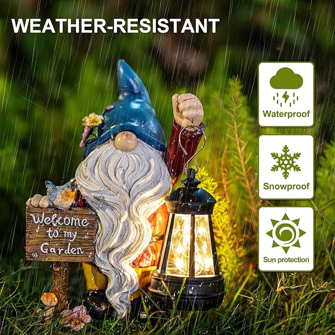 Garden Gnome Statues Figurine Lights - Solar Powered Lighting Outdoor Decorations with Lantern & Welcome Sign, Yard Art Lawn Ornaments for Porch Patio Balcony - Gnome Gifts for Women Mom-Ruum Studio Home