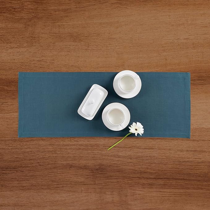 Solino Home Peacock Blue Table Runner 48 Inches - 100% Pure Linen Short Table Runner 14 x 48 Inch Ideal for Dresser and Coffee Tables - Fete-Ruum Studio Home