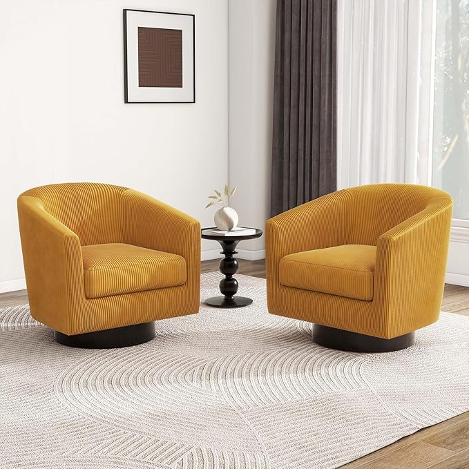 Swivel Barrel Accent Chair, Modern Round Corduroy Fabric Arm Chair for Living Room, Bedroom, Comfy Club Reading Chairs for Adults, Corduroy Orange, Set of 2-Ruum Studio Home