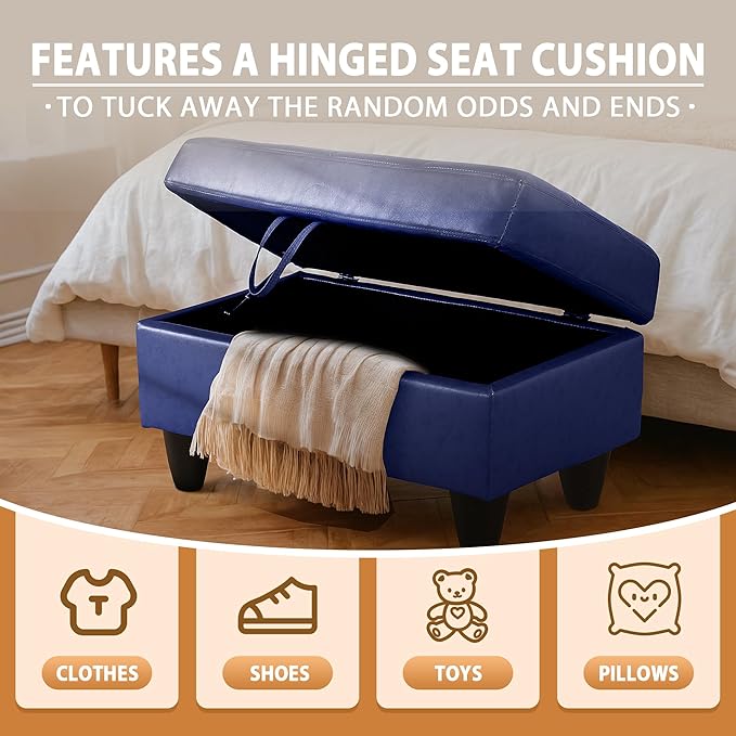 Ottoman Rectangular Storage Ottoman Bench, Faux Leather Footrest, Coffee Table, Stool Footstool with Hinged Lid for Living Room, Bedroom, Entryway, Blue, 35"x23.5"x17.5"-Ruum Studio Home