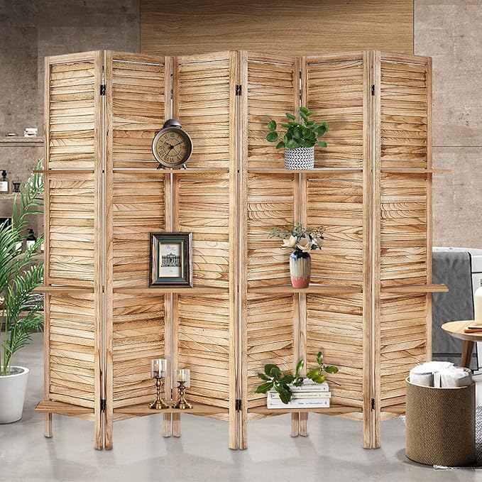 Room Divider with Shelves, Privacy Screen, Room Dividers and Folding Privacy Screens, 6 Panel Wood Temporary Wall Partition Separation Separator, Natural-Ruum Studio Home