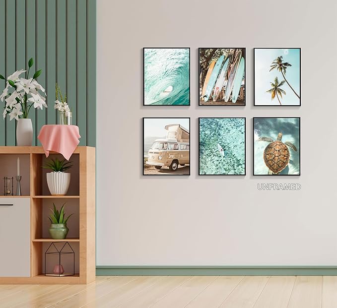 EVPYXFUT Set of 6 Tropical Beach Canvas Wall Art Surf Poster Summer Ocean Coastal Pictures Turtle Print Palm Tree Surfboard Gallery Paintings Nautical Bus Wall Decor for Bedroom Bathroom Unframed-Ruum Studio Home