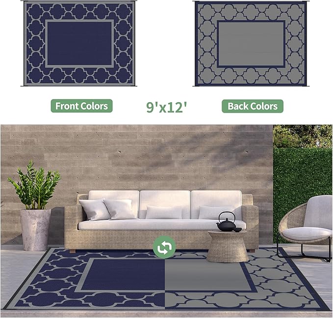 GENIMO Outdoor Rug 9' x 12' Patio Waterproof, Foldable Reversible Plastic Straw Area Rugs Mat for Camper Decor, Outside Carpet for Rv, Deck, Porch, Picnic, Beach, Balcony, Blue & Grey-Ruum Studio Home