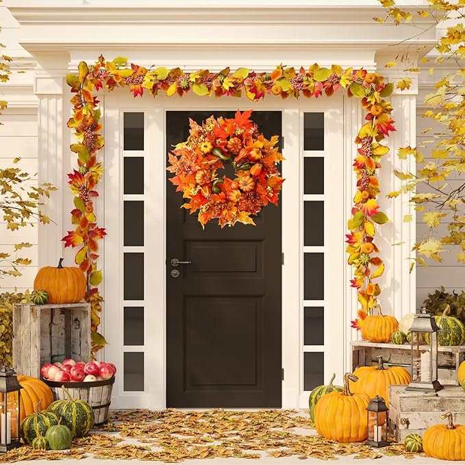 24 Inch Fall Wreaths for Front Door, Fall Decorations for Home,Fall Wreath,Autumn Wreath with Pumpkins Berries Maple Leaves for Thanksgiving Halloween Decorations Indoor Outdoor Outside Fall Decor-Ruum Studio Home