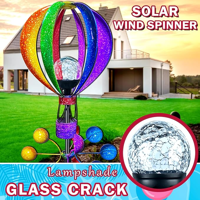 Solar Wind Spinner Outdoor - Hot Air Balloon Wind Spinners, Metal Garden Decor with LED Lights, 360° Rotating Waterproof Yard Decorations, Solar Powered for Day & Night, Lawn & Patio Windmill-Ruum Studio Home