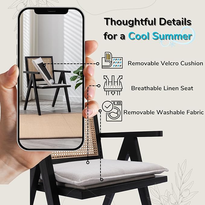 Rattan Dining Chairs Set of 4, Farmhouse Wicker Dining Chairs with Removable Linen Cushion Accent Cane Armchair for Dining Room Kitchen Restaurant, Black-Ruum Studio Home